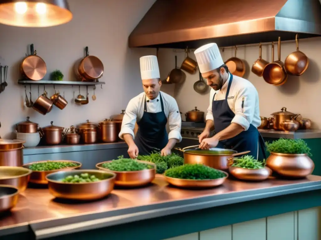 Transformación gastronomía francesa siglo XIX: Cocina bulliciosa llena de chefs preparando platos sofisticados entre ollas de cobre y hierbas frescas