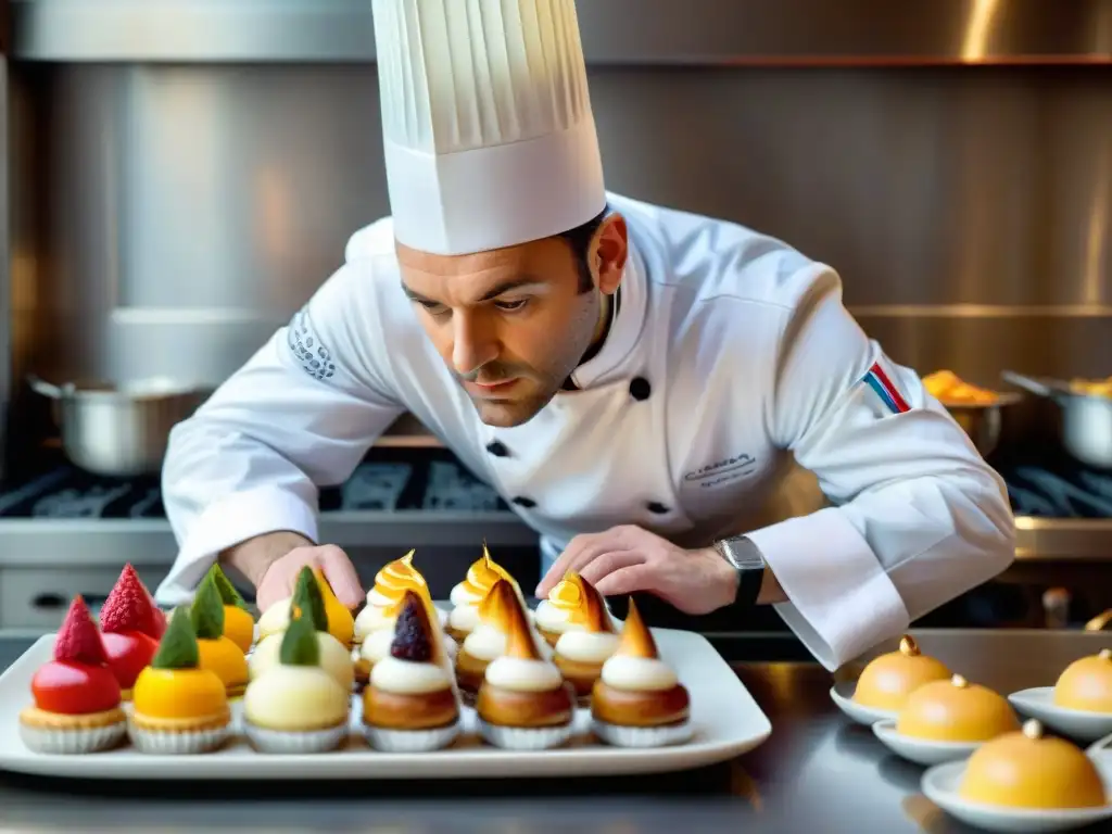 Fotografía de gastronomía francesa: chef tradicional arreglando exquisitos pasteles con influencia cultural