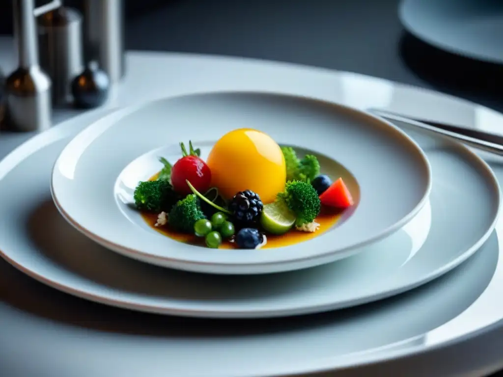 Gastronomía francesa vanguardista Lyon: Detalle plato moderno, colores vibrantes, presentación artística en plato blanco en cocina minimalista