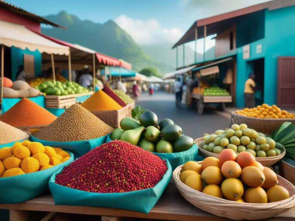 Explora la exótica gastronomía francesa en un vibrante mercado al aire libre en Mayotte, con frutas y especias autóctonas