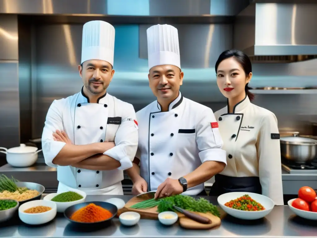 Una fusión creativa: chefs francés y asiático cocinando juntos en una cocina moderna, combinando ingredientes y tradiciones