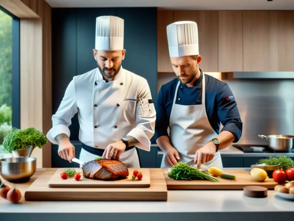 Una fusión culinaria: chefs francés y nórdico trabajando juntos en una cocina moderna, reflejando la influencia gastronomía francesa en cocina