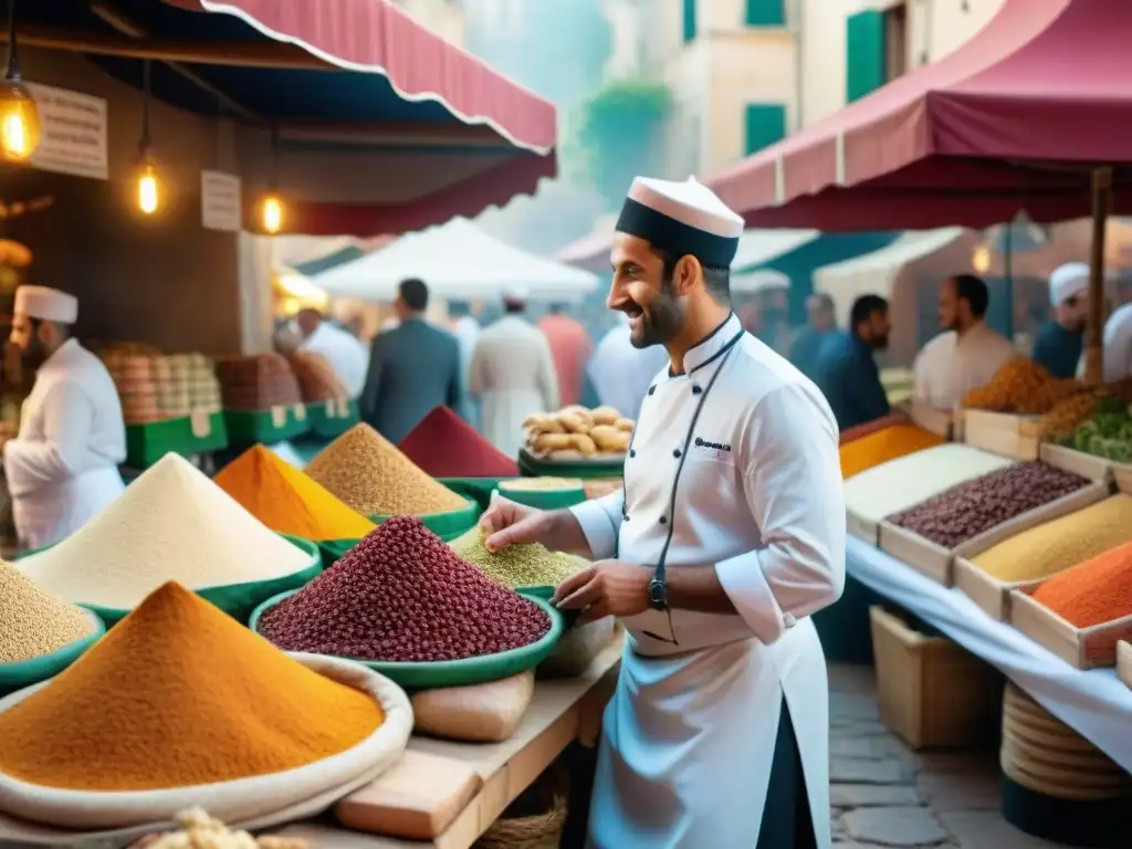 Fusión culinaria: influencia árabe en gastronomía francesa en un bullicioso mercado con especias y frutas exóticas