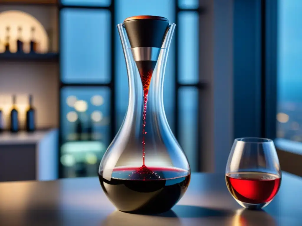 Gadgets para sommeliers del siglo XXI: decantador electrónico de vino moderno y elegante en acción, con burbujas danzantes y luz cálida