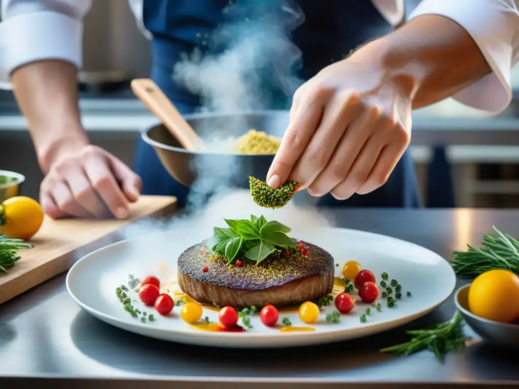 Un ganador de concursos culinarios franceses concentra pasión y destreza al presentar un plato complejo y bellamente decorado en una bulliciosa cocina llena de vapor y vibrantes ingredientes, rodeado de competidores inmersos en sus propias creaciones culinarias