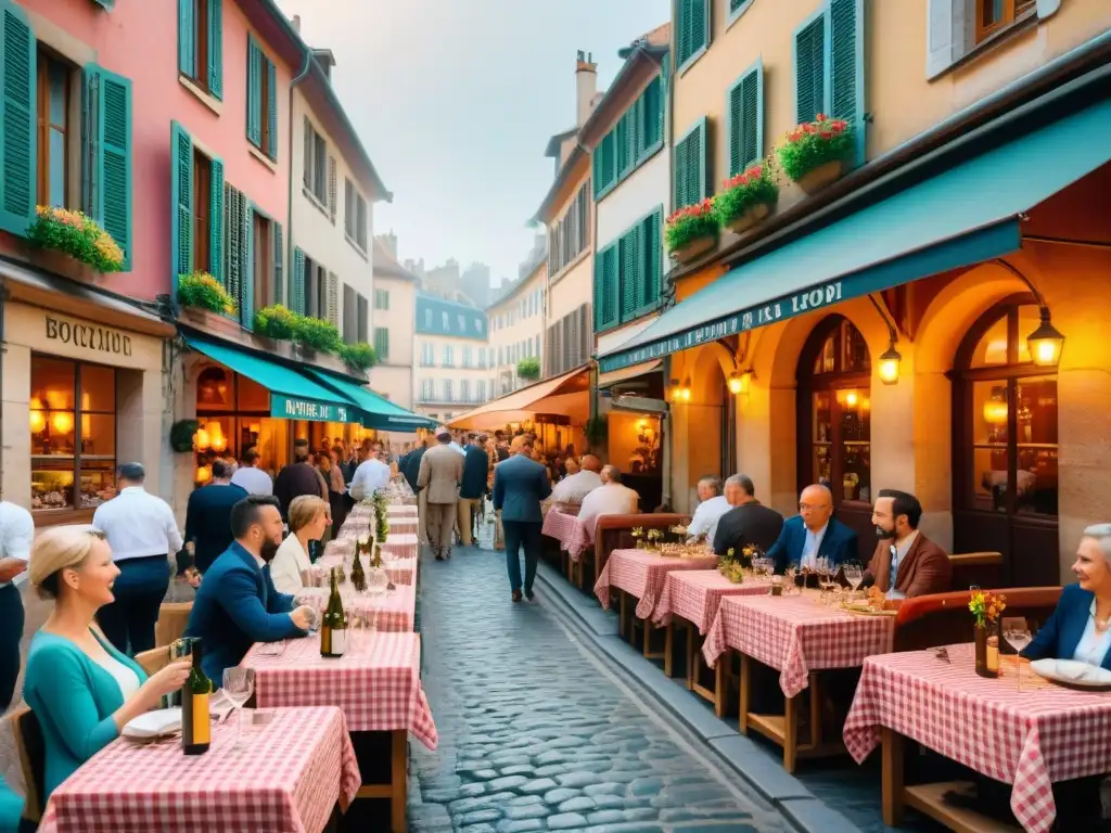 Explorando la gastronomía francesa en Lyon: Un bouchon tradicional en Lyon, con terraza de adoquines, mantelería a cuadros rojos y ambiente acogedor