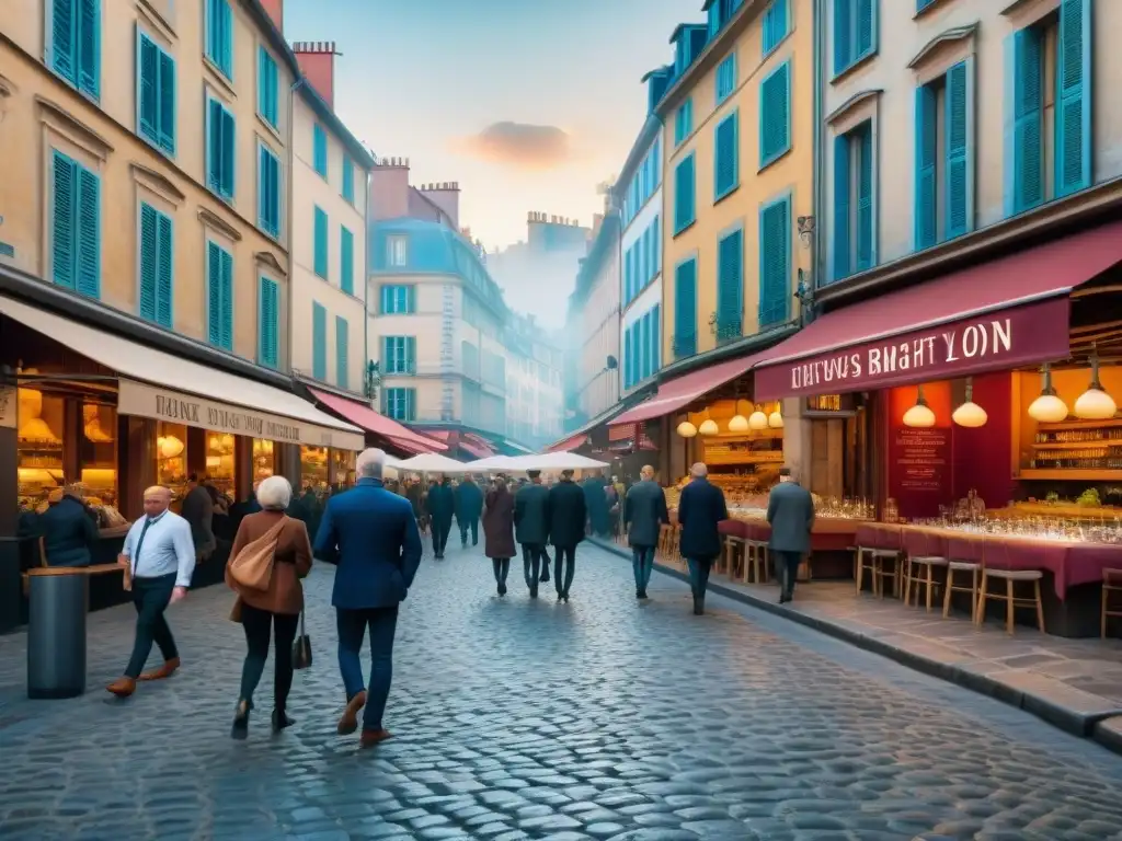 Explorando la gastronomía francesa en Lyon: escena callejera bulliciosa con bouchons tradicionales y restaurantes modernos