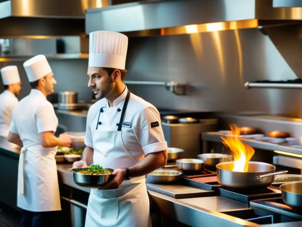 Bistronomía en la gastronomía francesa: Cocina de un bullicioso bistró durante la hora punta, chefs enfocados preparando platos con pasión