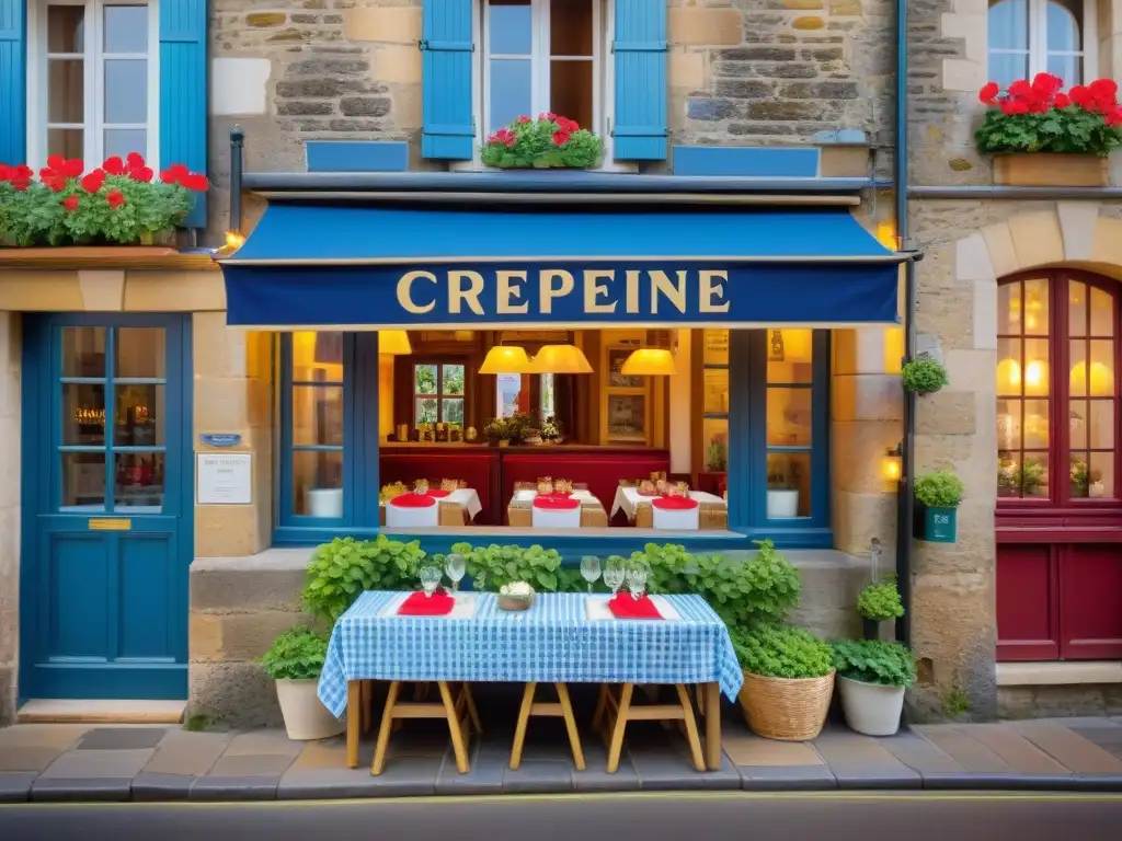 Crêperie Bretonne: Encanto y tradición en Saint-Malo Gastronomía francesa en Bretaña: Una crepería tradicional bretona en Saint-Malo, con tejado de paja, flores y delicias en cerámica azul y blanca