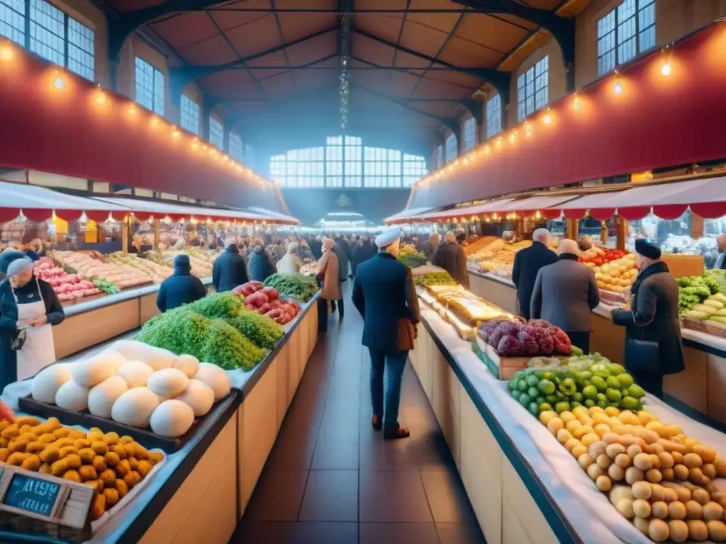 Explorando la gastronomía francesa en Lyon: bullicioso mercado con productos frescos, especias coloridas y delicias locales