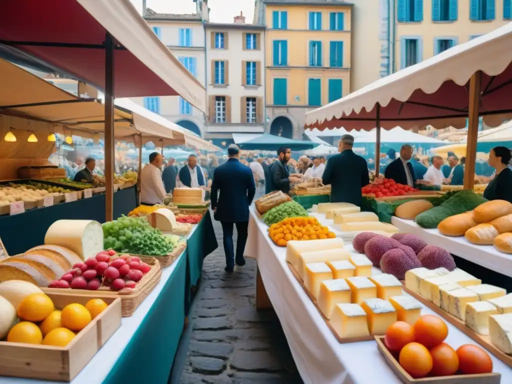 Explorando la gastronomía francesa en Lyon: Mercado bullicioso con productos frescos, quesos locales y pan artesanal en un ambiente vibrante