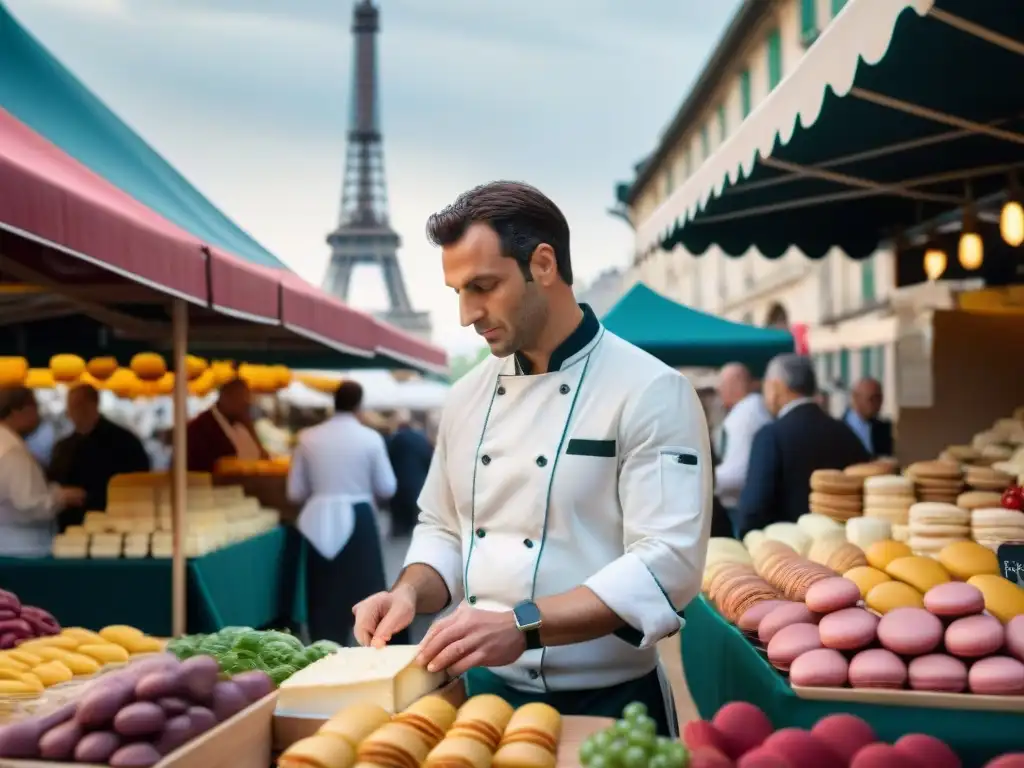 Innovación en la gastronomía francesa: Mercado bullicioso con productos frescos y la Torre Eiffel de fondo