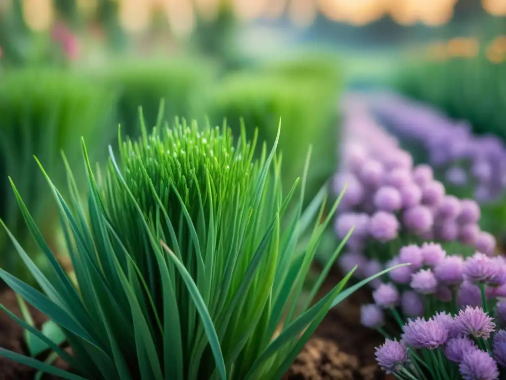 Ciboulette en la gastronomía francesa: Detalle de plantas frescas de ciboulette brillando al sol en un jardín de hierbas