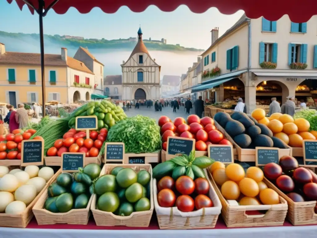 Explora la gastronomía francesa: vinos, quesos y más en un bullicioso mercado al aire libre