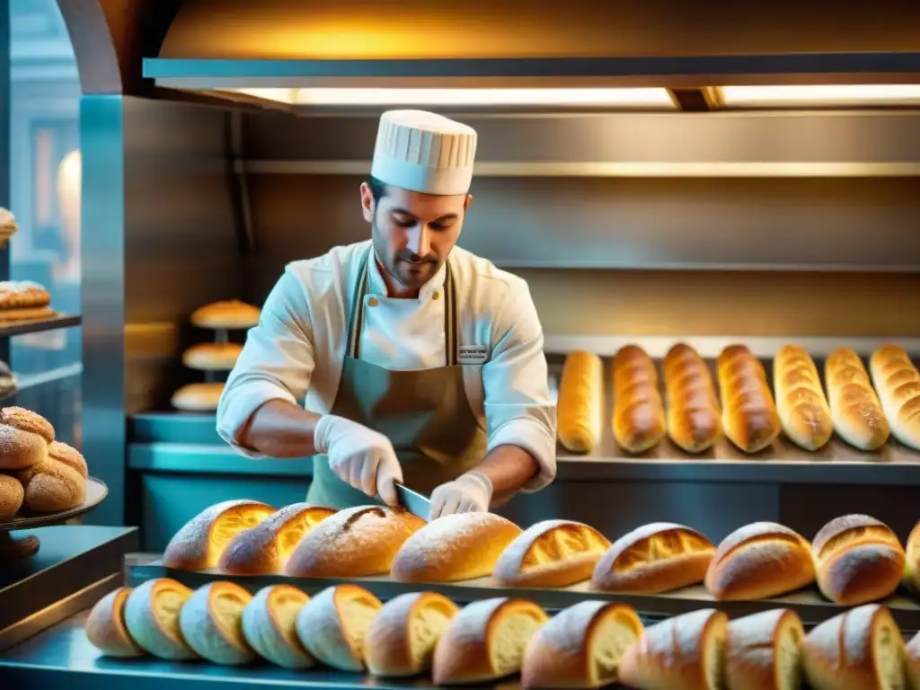 Fotografía gastronómica en un bullicioso obrador de panadería francés, destacando la maestría del panadero y la tradición culinaria francesa