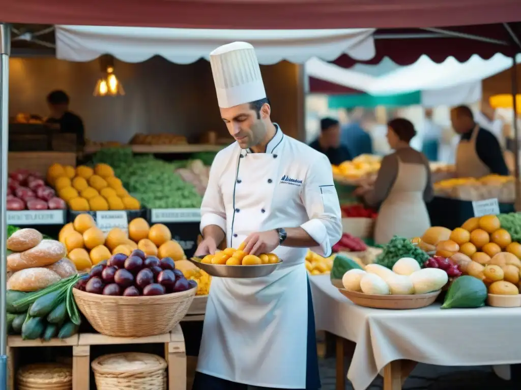 Innovación gastronómica en la cocina francesa: Un bullicioso mercado francés al amanecer con productos frescos y coloridos