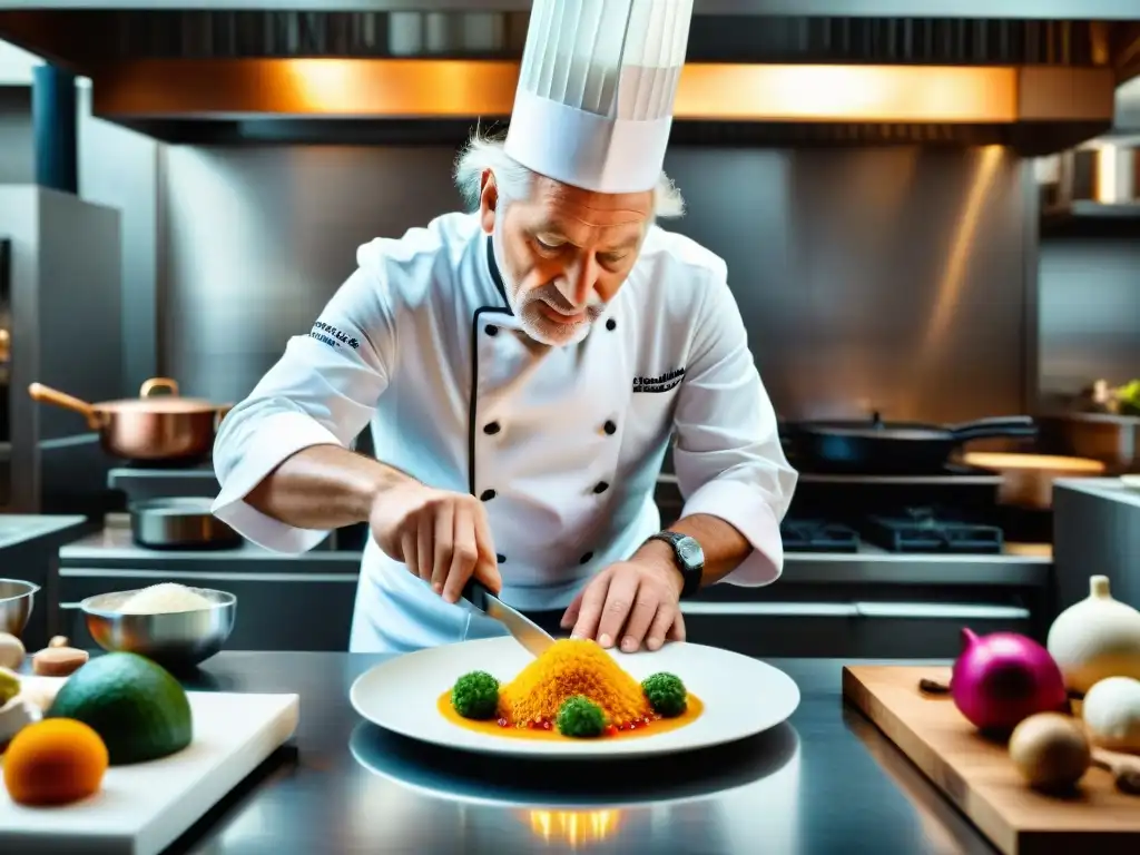 Innovación gastronómica francesa: Pierre Gagnaire concentrado en su cocina, rodeado de caos y precisión culinaria