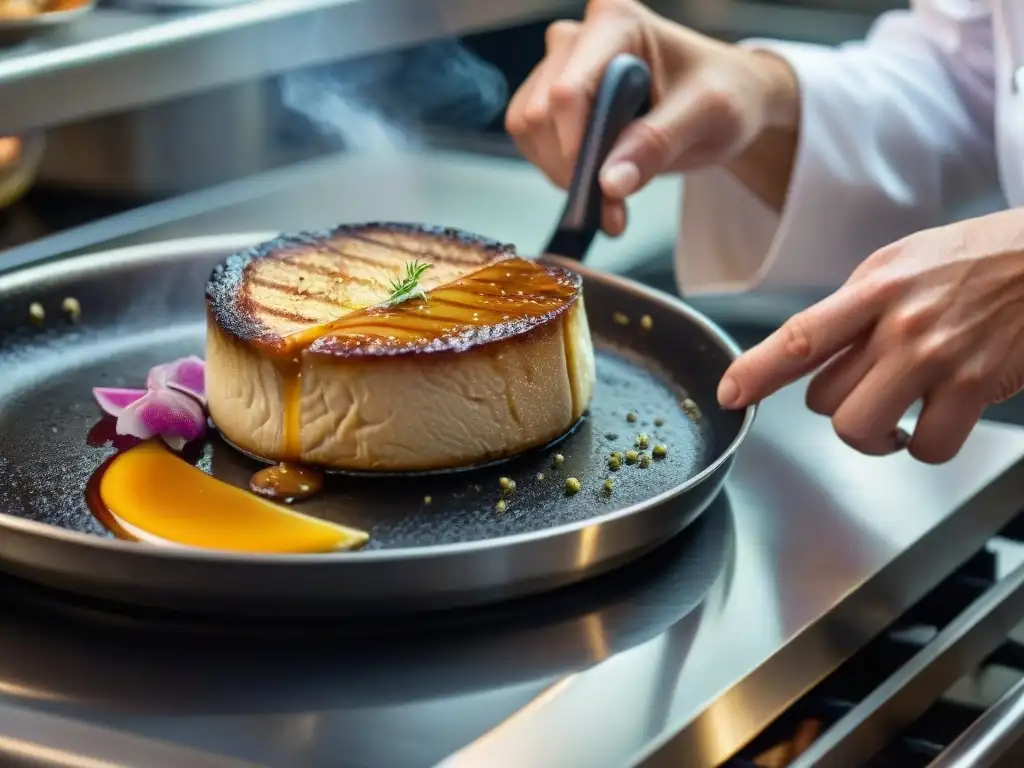 Innovación gastronómica francesa con foie: Chef experto caramelizando el foie gras en la sartén