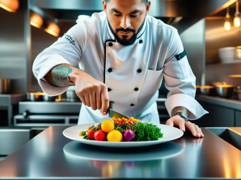 Fotografía gastronómica para menú: Chef creando una composición vibrante de ingredientes en plato blanco