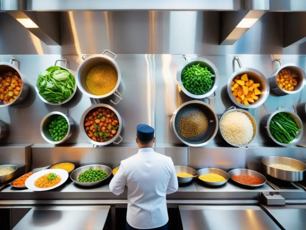 Fotografía gastronómica para menú: Cocina bulliciosa con chefs preparando platos coloridos y humeantes