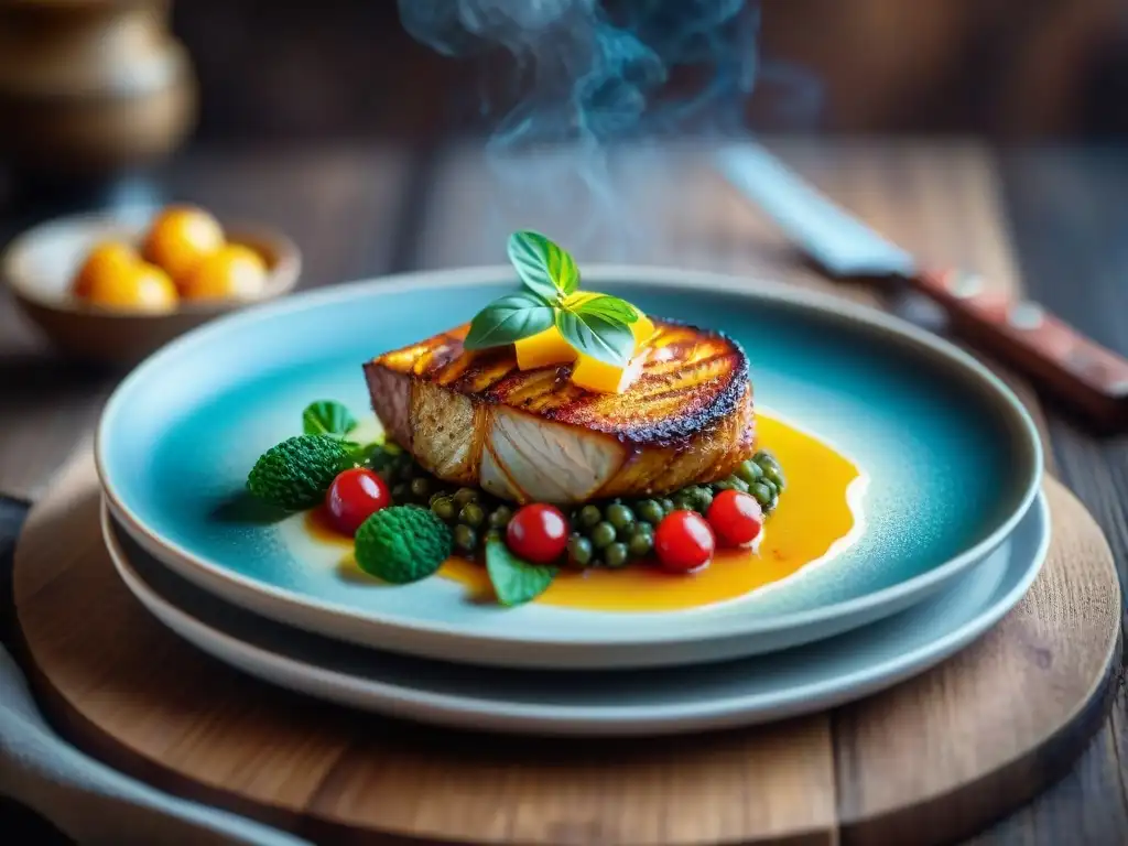 Fotografía gastronómica para menú: Detalle de un exquisito plato gourmet sobre mesa rústica