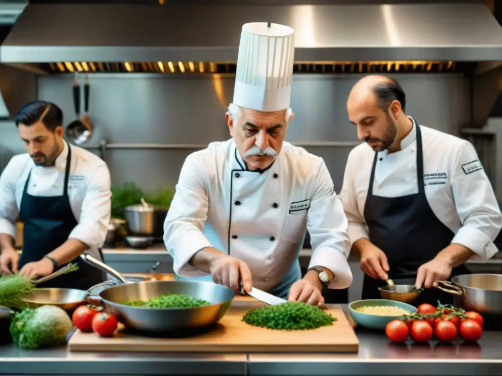 El genio culinario Auguste Escoffier cocina en una bulliciosa cocina francesa, rodeado de chefs franceses que observan ansiosos sus técnicas