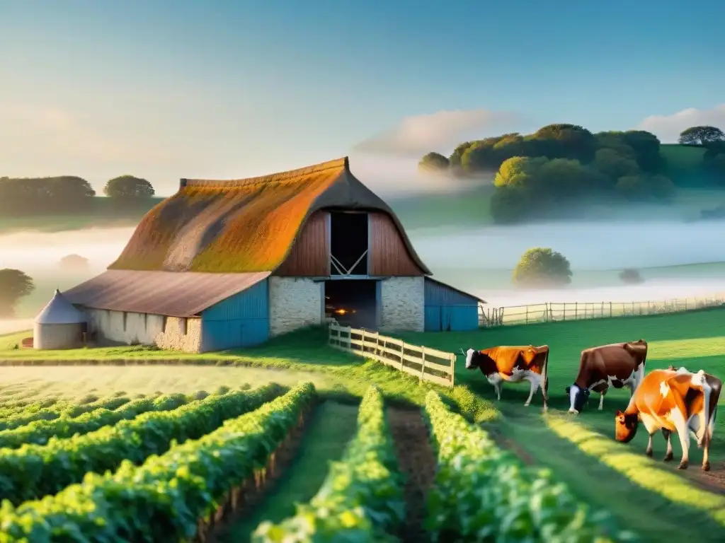 En una granja lechera francesa al amanecer, un quesero artesanal remueve la leche en un elegante recipiente de cobre