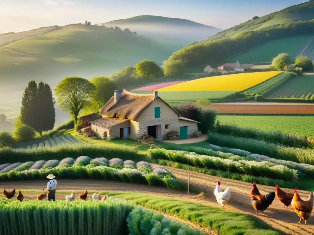 Una granja orgánica francesa al atardecer: colinas verdes, casa de madera con techo de paja, campos floridos y granjero con gallinas