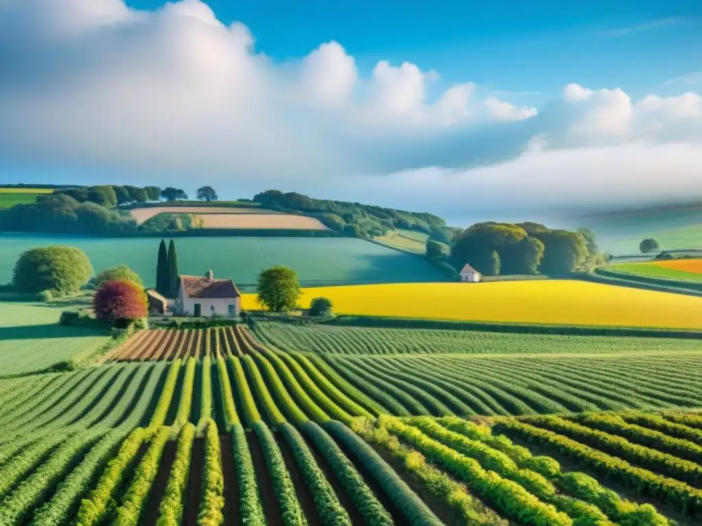 Una granja orgánica en Normandía, con campos verdes y cielos azules, invita a descubrir la cocina orgánica en Normandía Bretaña