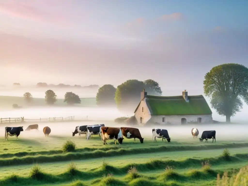 Granja quesera tradicional al amanecer en Normandía, con vacas pastando en prado verde bajo cielo rosado