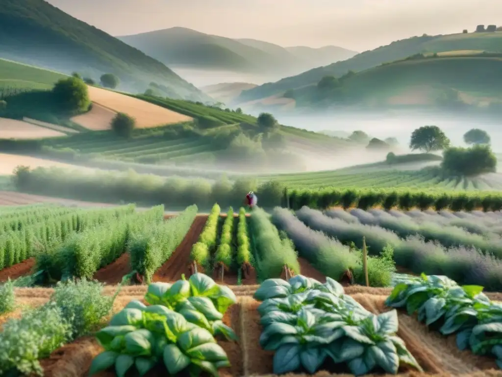 Una granja sostenible francesa con hierbas y especias creciendo bajo el sol, ilustrando la conexión entre naturaleza y cocina francesa