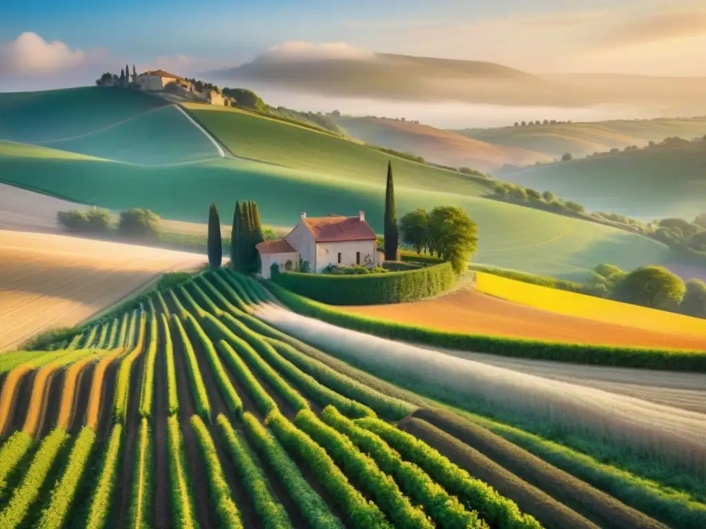 Granjas orgánicas en la campiña francesa: paisaje idílico con campos verdes, casa tradicional y luz dorada al atardecer