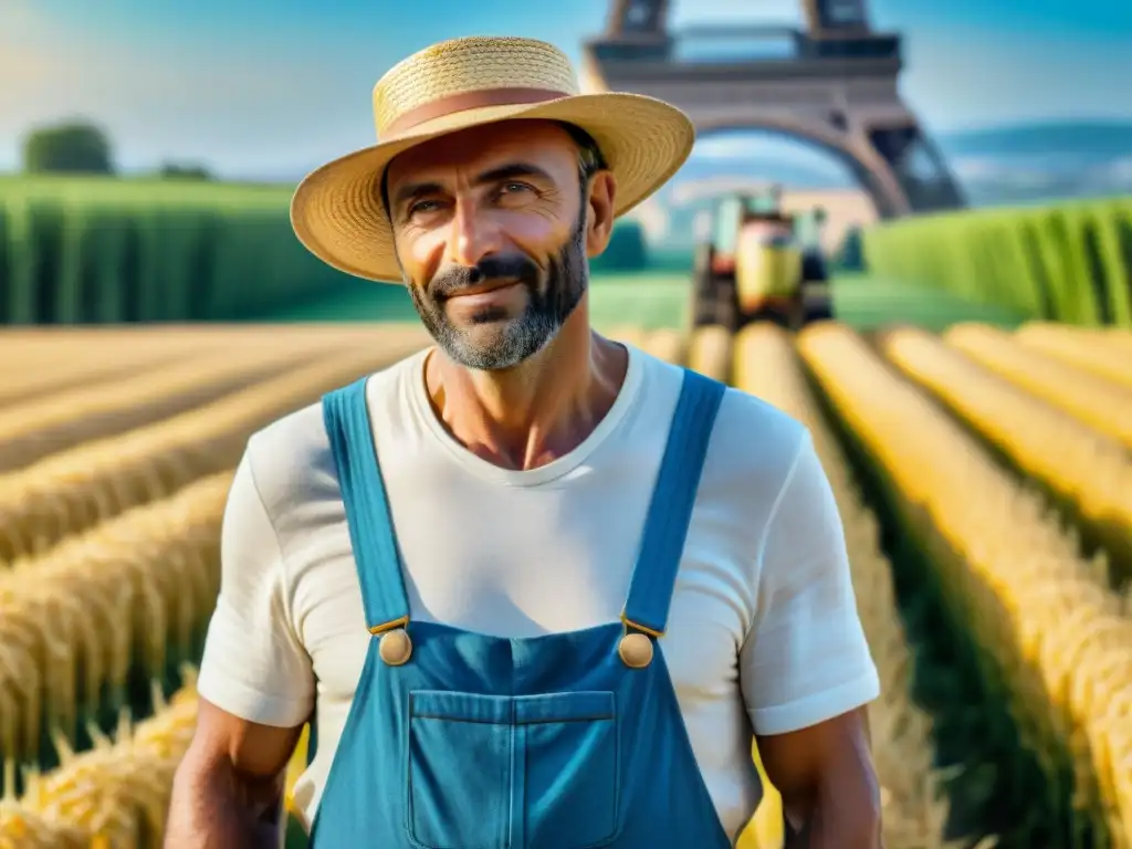 Un granjero francés en un campo de trigo soleado, con la Torre Eiffel al fondo