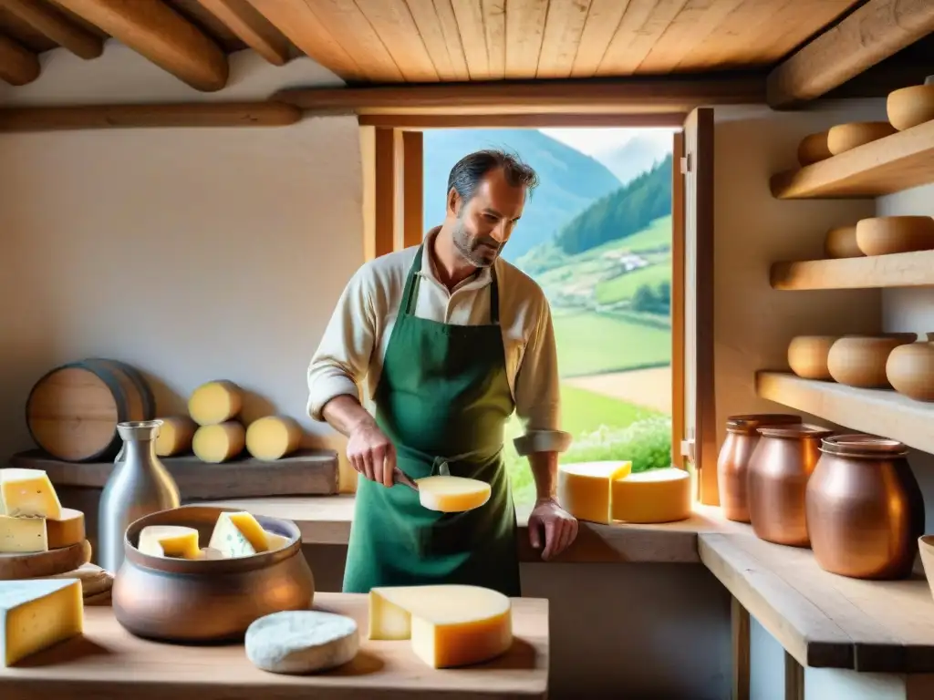 Un granjero francés elaborando un queso Reblochon en una cocina alpina: tradición alpina y artesanía culinaria