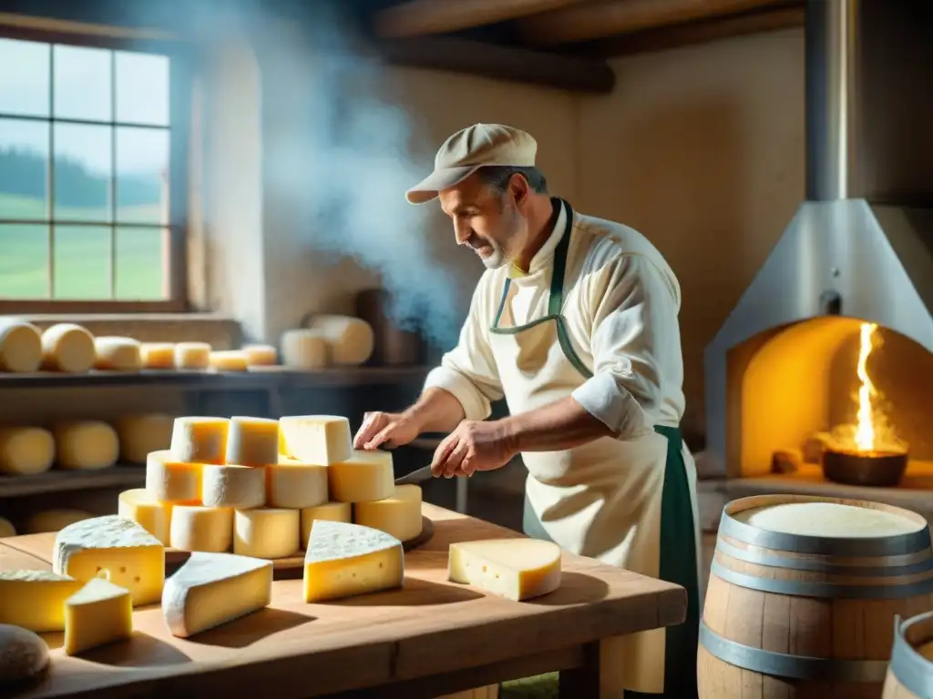 Un granjero normando moldea a mano el queso Neufchâtel en su cocina rústica, rodeado de barriles de madera y productos lácteos locales