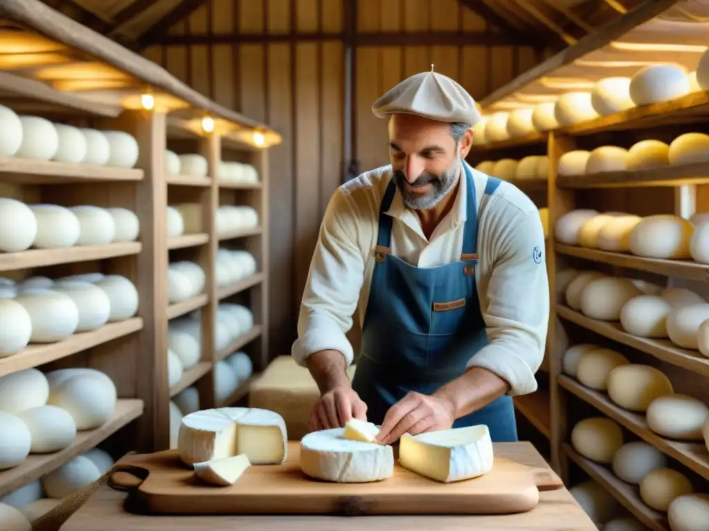 Un granjero francés elabora queso de cabra en un granero rústico, rodeado de quesos envejecidos