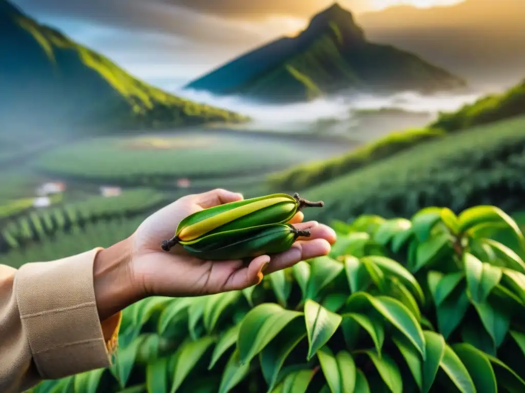 Un granjero de Reunión selecciona vainilla bajo el sol dorado, con montañas verdes al fondo y una casa criolla entre la vegetación