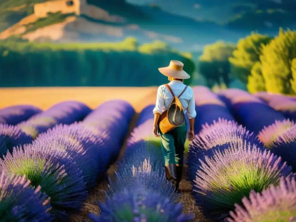 Un granjero francés tradicional cuida campos de lavanda con el Mont Sainte-Victoire al fondo, en la hermosa Provenza, mientras las abejas revolotean