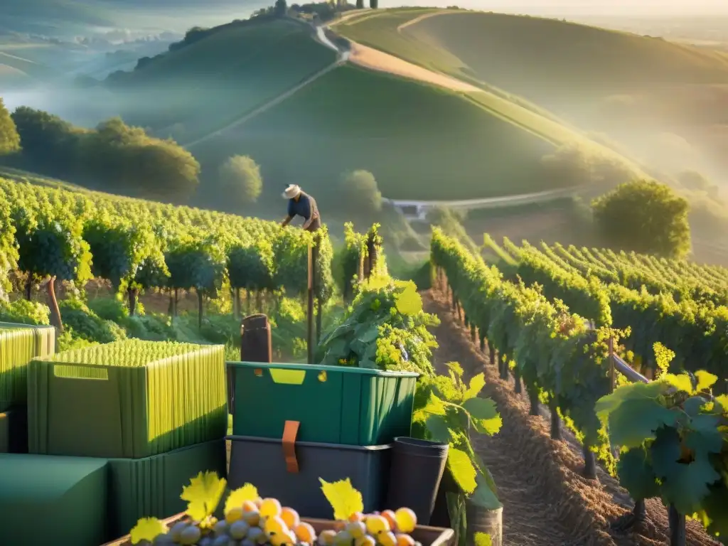 Grupo de agricultores locales cosechando uvas a mano en viñedos de Champagne, evocando la historia y evolución de esta bebida exclusiva