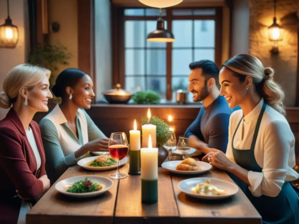 Un grupo de amigos apasionados discute técnicas culinarias francesas en un acogedor bistró