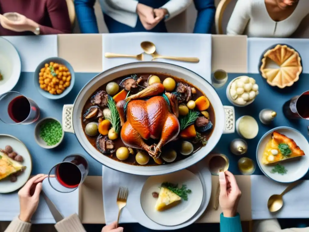 Un grupo de amigos disfrutando de platos franceses en una mesa bellamente decorada, reflejando la calidez y la unión de la gastronomía francesa