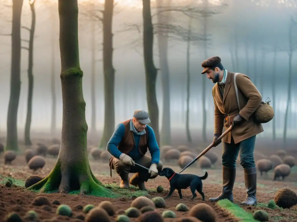 Grupo de cazadores de trufas en la campiña francesa, usando herramientas tradicionales y Apps para descubrir trufas francesas al amanecer