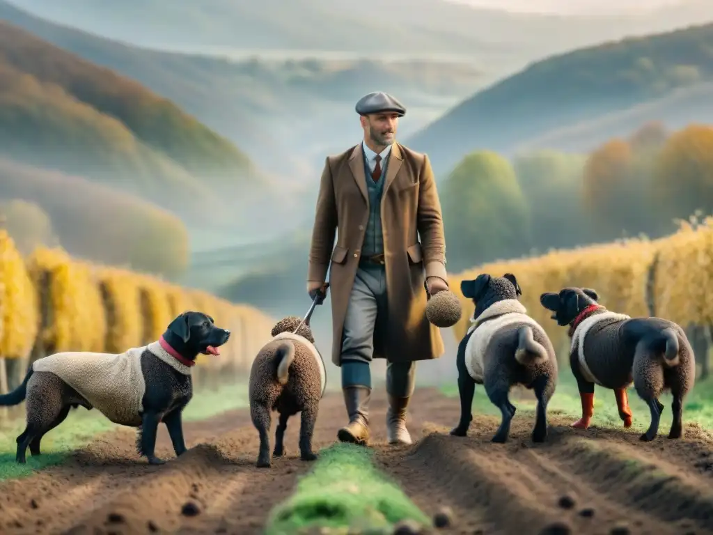 Grupo de cazadores de trufas en Francia, con perros entrenados, en un bosque vibrante de colores otoñales