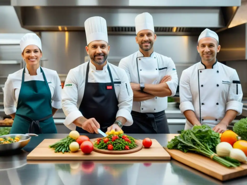 Un grupo de Chef franceses en una cocina innovadora y sostenible, creando platos con ingredientes frescos y locales