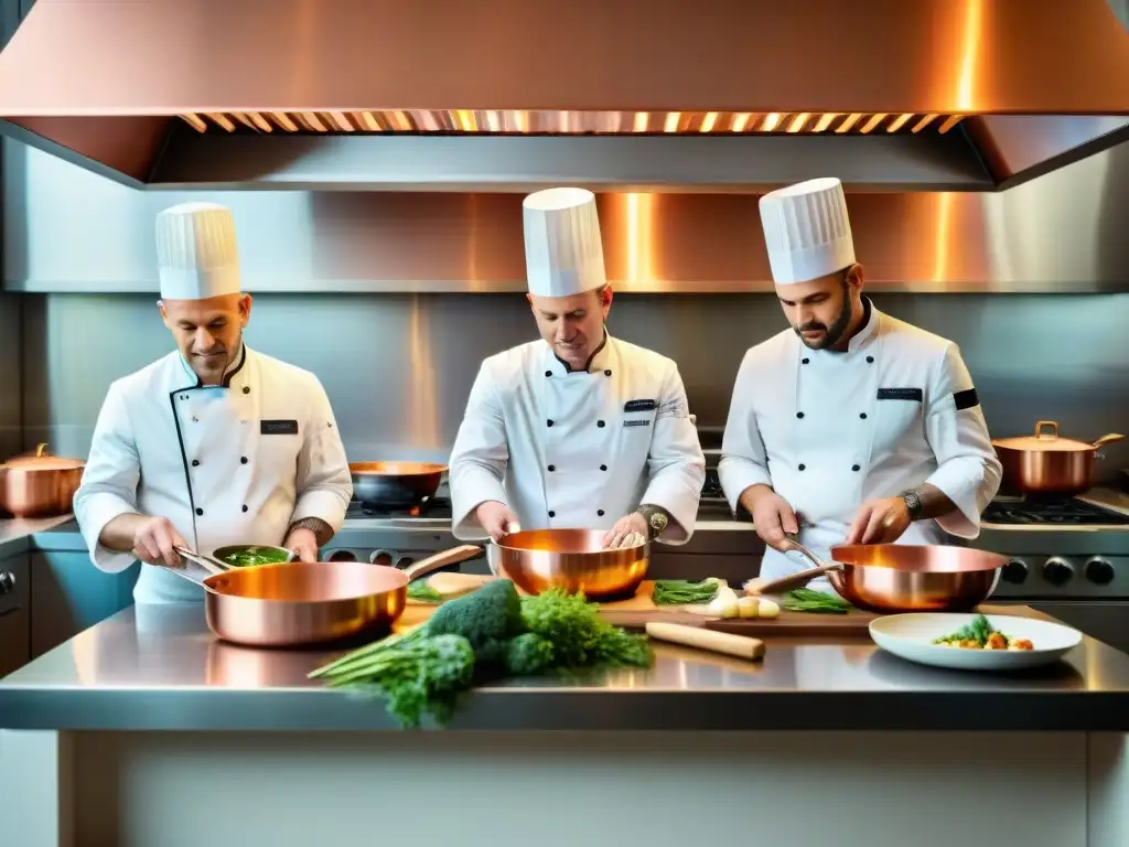 Un grupo de chefs contemporáneos se reúne en una cocina moderna, inspirados por el legado de Paul Bocuse Nouvelle Cuisine