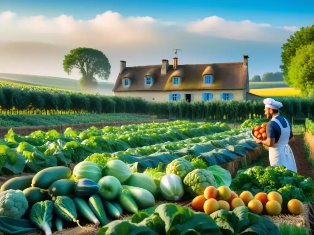 Un grupo de chefs franceses en una granja orgánica, inspeccionando frutas y verduras