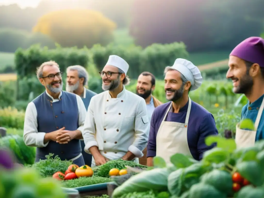 Un grupo de chefs franceses renombrados rodea un jardín vibrante mientras escuchan atentamente a un experto en permacultura