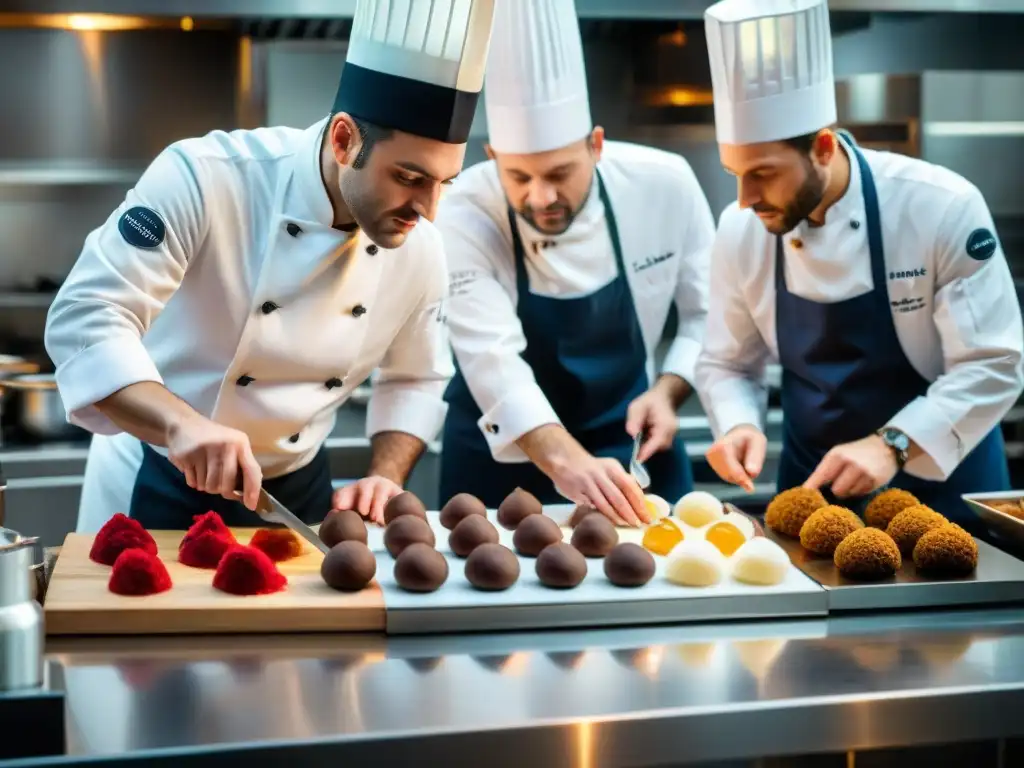 Maestros culinarios franceses creando salsas gourmet Un grupo de chefs franceses preparando salsas gourmet premiadas en una cocina sofisticada con ingredientes premium