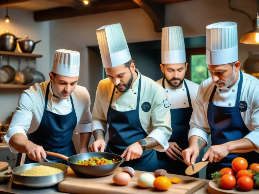 Grupo de chefs preparando un plato francés en cocina rústica