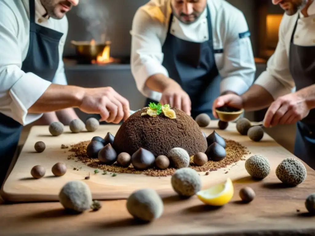 Maestros de la cocina: El arte de los trufas Un grupo de chefs preparan con precisión platos trufados en una cocina rústica